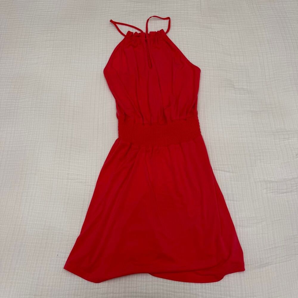1.state red halter smocked waist mini dress